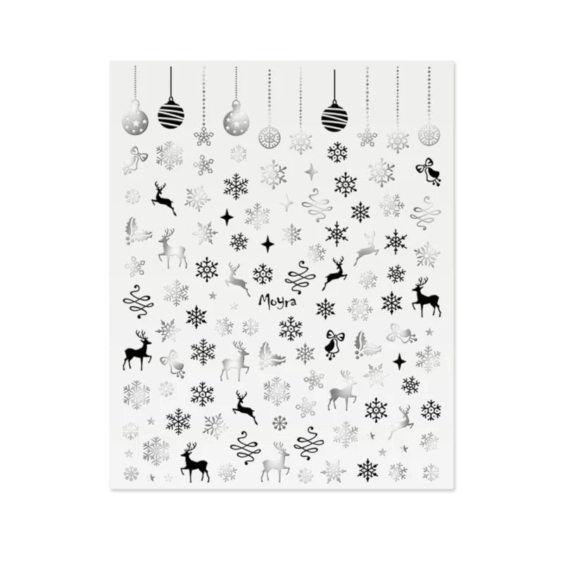 Maak winterse kerstnagels met Moyra No.22 Silver & Black. Zelfklevende nagelstickers met zilver-zwarte kerstmotieven, eenvoudig af te werken met topcoat.