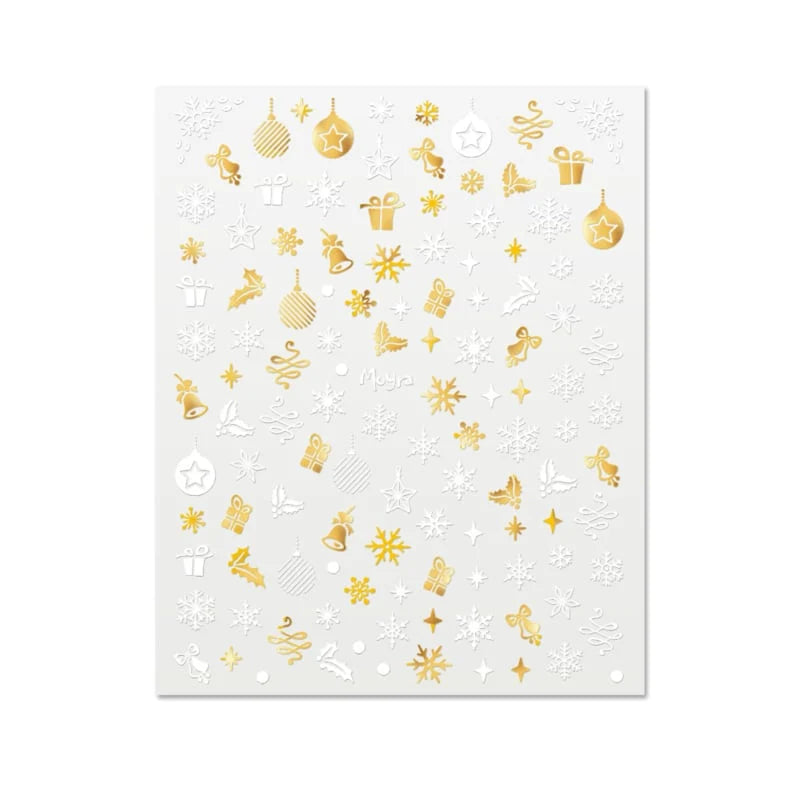 Moyra No.21 nagelstickervel met goud-witte kerstballen, sterren, cadeautjes en sneeuwvlokken