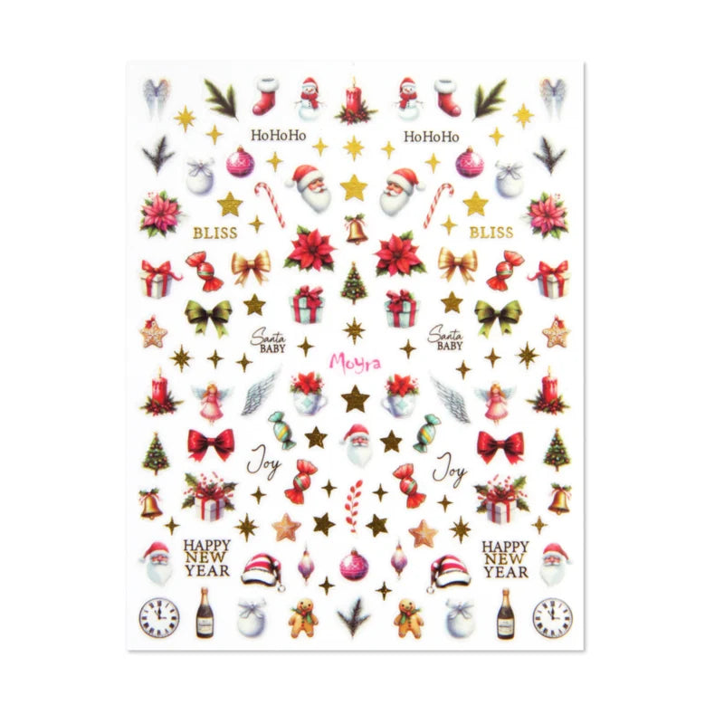 Maak feestelijke kerstnagels met Moyra No.33. Zelfklevende nagelstickers met kerstmannen, cadeautjes en sterren. Werk eenvoudig af met topcoat.